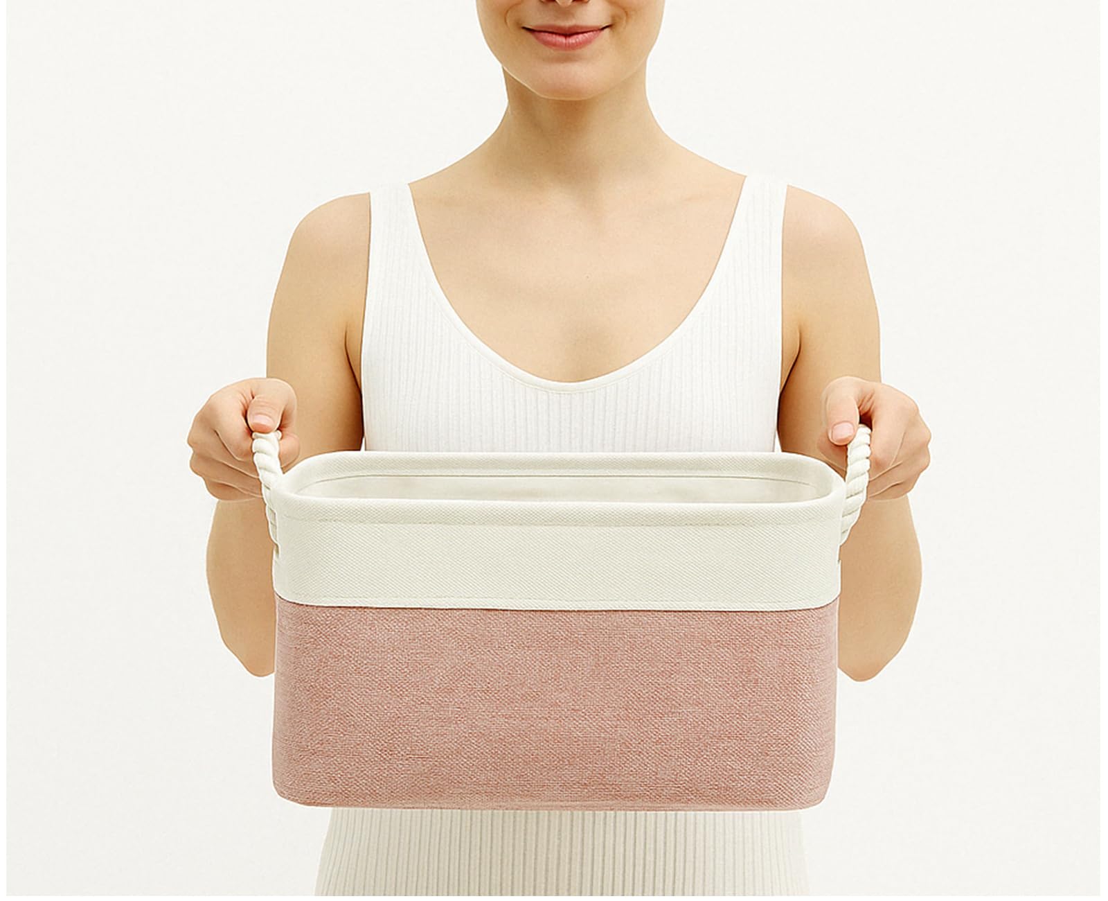 Mangata Cajas de almacenamiento de tela suave, varios tamaños, cestas rectangulares para estantes, armarios, juguetes y ropa, 31 x 21 x 16 cm, rosa y blanco (pequeño, 1 unidad)