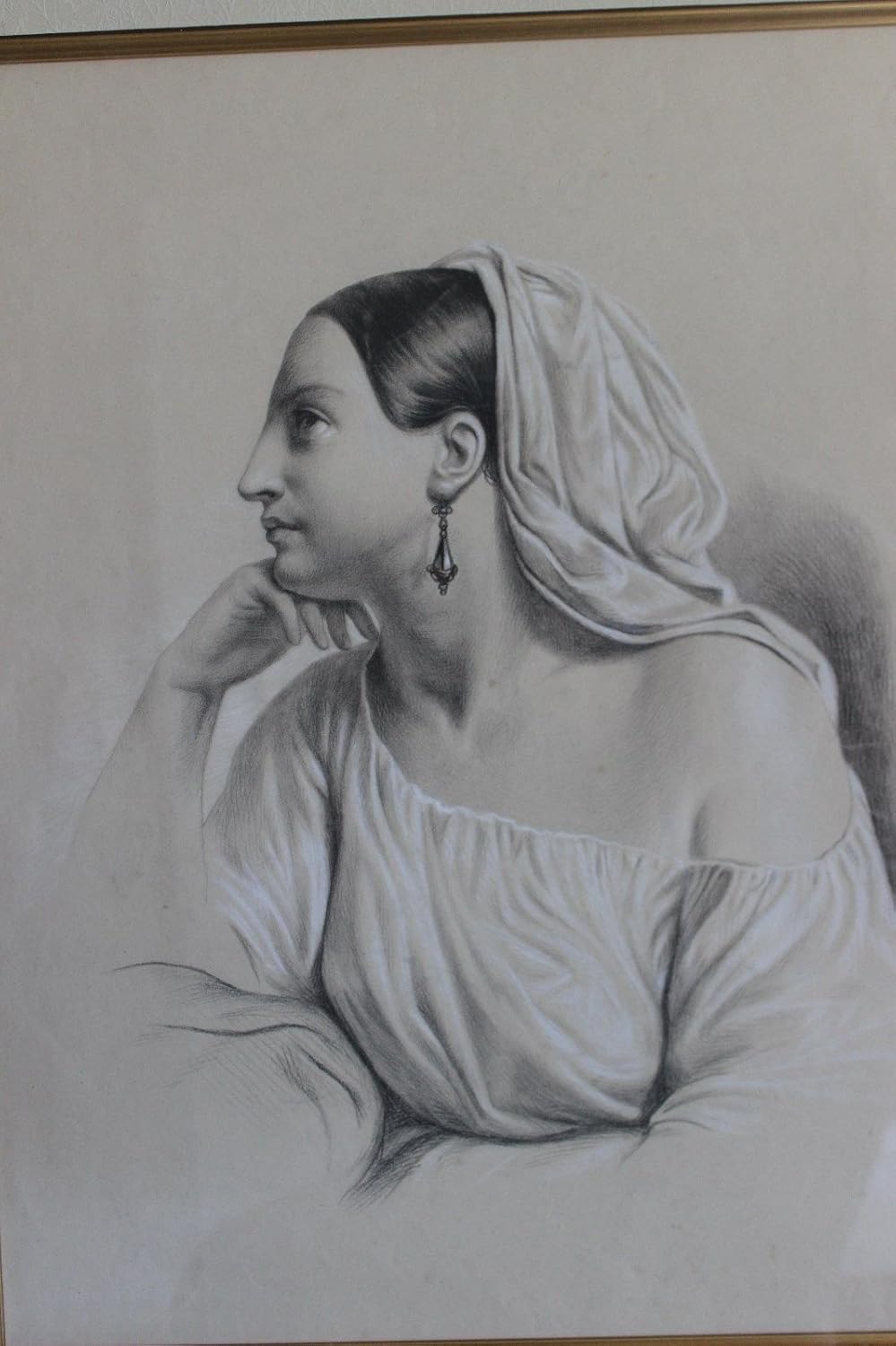 Antique academic style English/Italian drawing of young woman, circa 1820