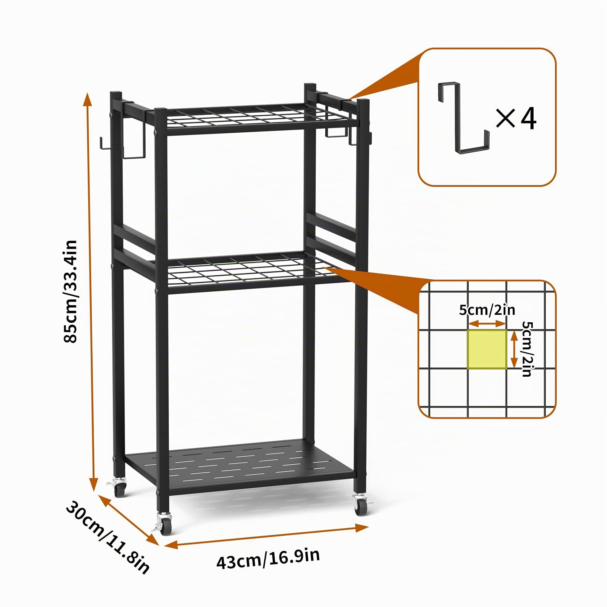 Organizador de herramientas de jardín, estantería de almacenamiento de 3 niveles para garaje, soporte para dispositivos, organizador de acero al carbono, multiusos con ruedas, soporte de metal