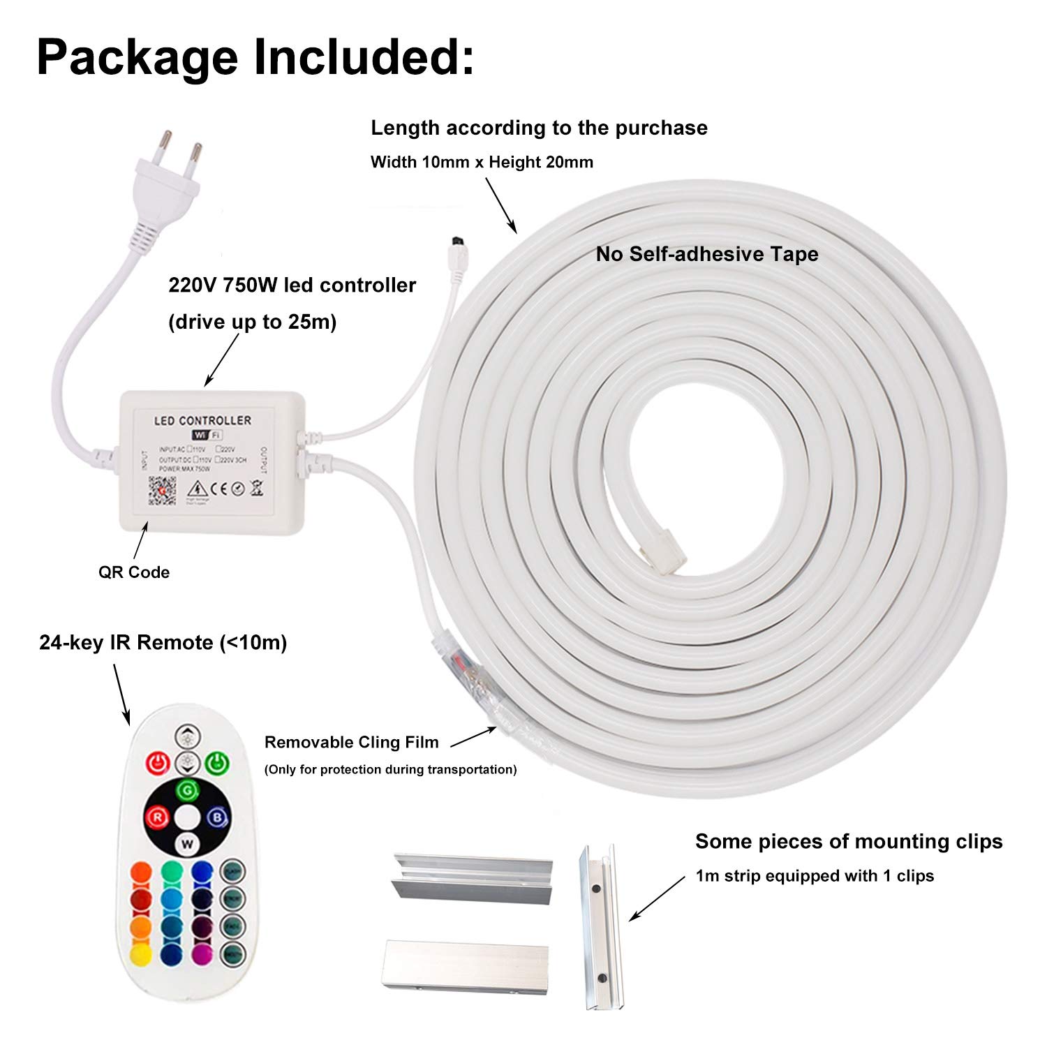 XUNATA 20m Luz de Neón WiFi RGB con Control Remoto, 220 V Impermeable y Tira de LED Flexible, Sincronización de Música, Control de Aplicaciones