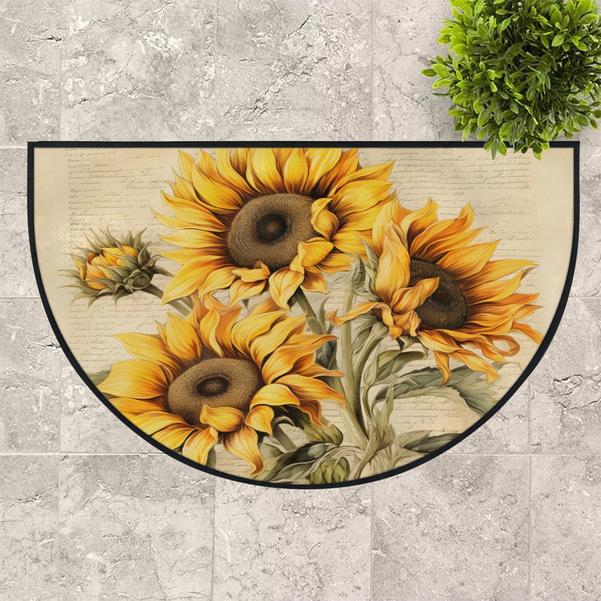 Mexpekil Paillasson rétro en forme de demi-lune pour intérieur et extérieur - Lavable - Absorbant la saleté - Demi-rond - Motif tournesols - 100 x 160 cm