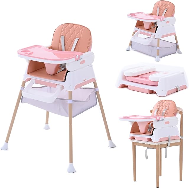 3 en 1 Chaise haute bébé, Chaises hautes convertibles bébé pour bébés et tout-petits, Hrusitoo Chaise d'alimentation pour nourrissons compacte réglable (Chaîne en rose)