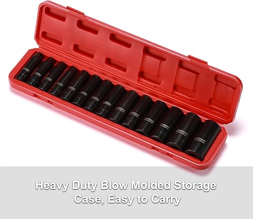 Miniatura 8 de CASOMAN Juego de llaves de vaso de impacto profundo de 12 pulgada, juego de 14 piezas, 0.394 in-1.063 in, CR-MO, métrico, estuche de almacenamiento