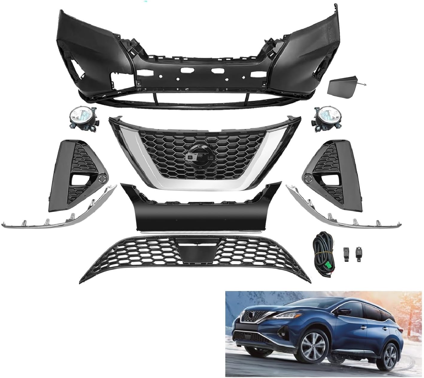 Front Bumper Cover Kit Fit For 2019 2020 2021 2022 2023 2024 Ni-ssan Murano Platinum S SL SV, with Grille & Fog Lights 620229UF0H NI1000326 - Full Body Kit