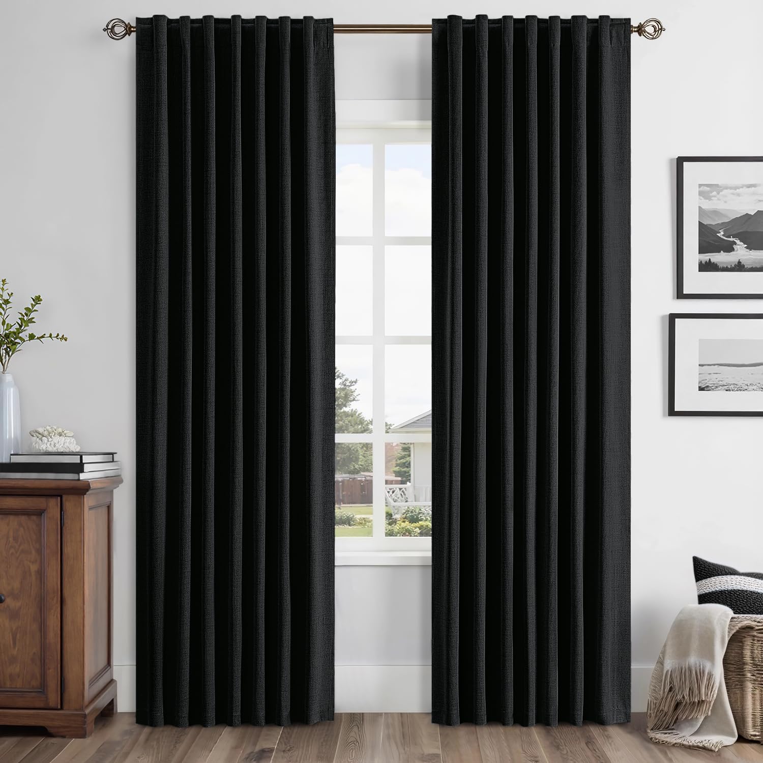 MIULEE 100% Blackout Linen Curtains for Bedroom, Black Solid Luxury Decor Thermal Insulation Room Darkening Drapes for Living Room Back Tab Rod Pocket 42 x 63 Inches, 2 Panels