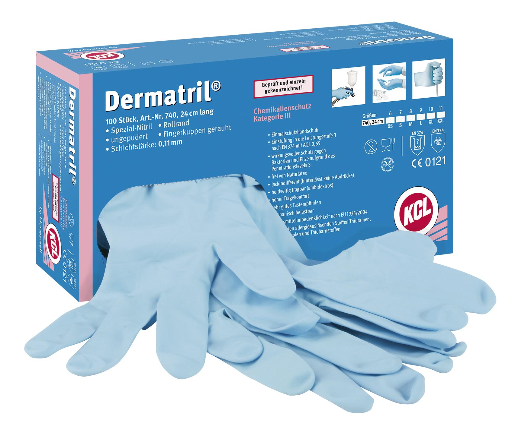 Honeywell KCL Dermatril® 740 Disposable Ambidextrous Gloves, Nitrile, Waterproof, Powderfree, Suitable for Food/Pharma Industries, Blue, Size 7, 074007081C (Box of 100 Pieces)