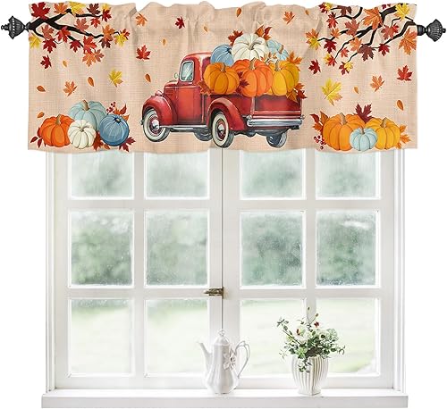 Cortinas de cocina de Acción de Gracias para ventana, cortinas y cortinas de otoño con bolsillo para barra, cortina de hojas de arce, cenefa corta
