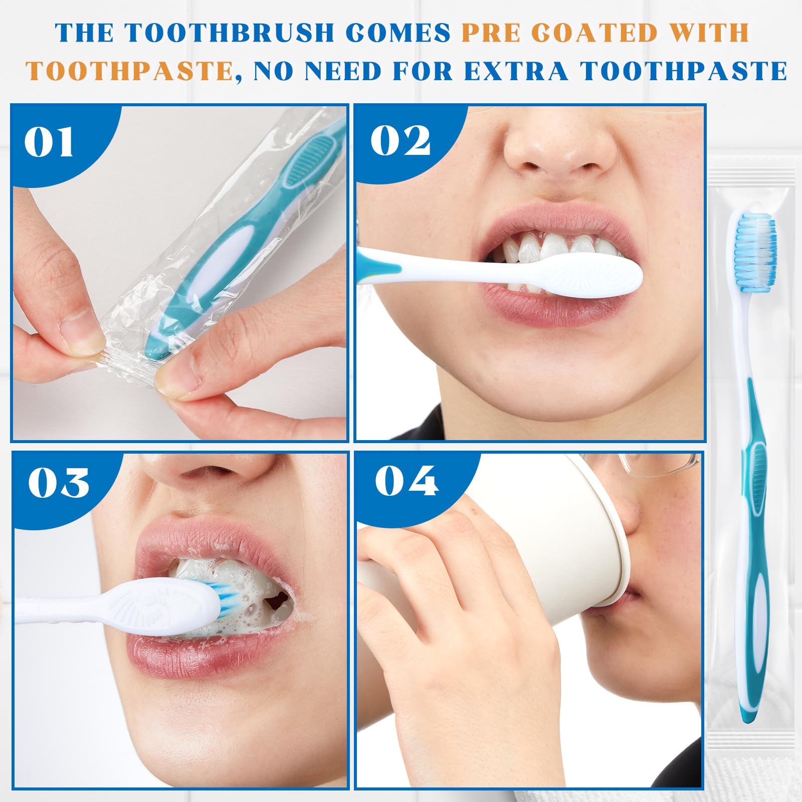 100 cepillos de dientes desechables prepegados, envueltos individualmente, cepillo de dientes de cerdas suaves prepegado, cepillo de dientes de viaje para viajes, camping, habitación de