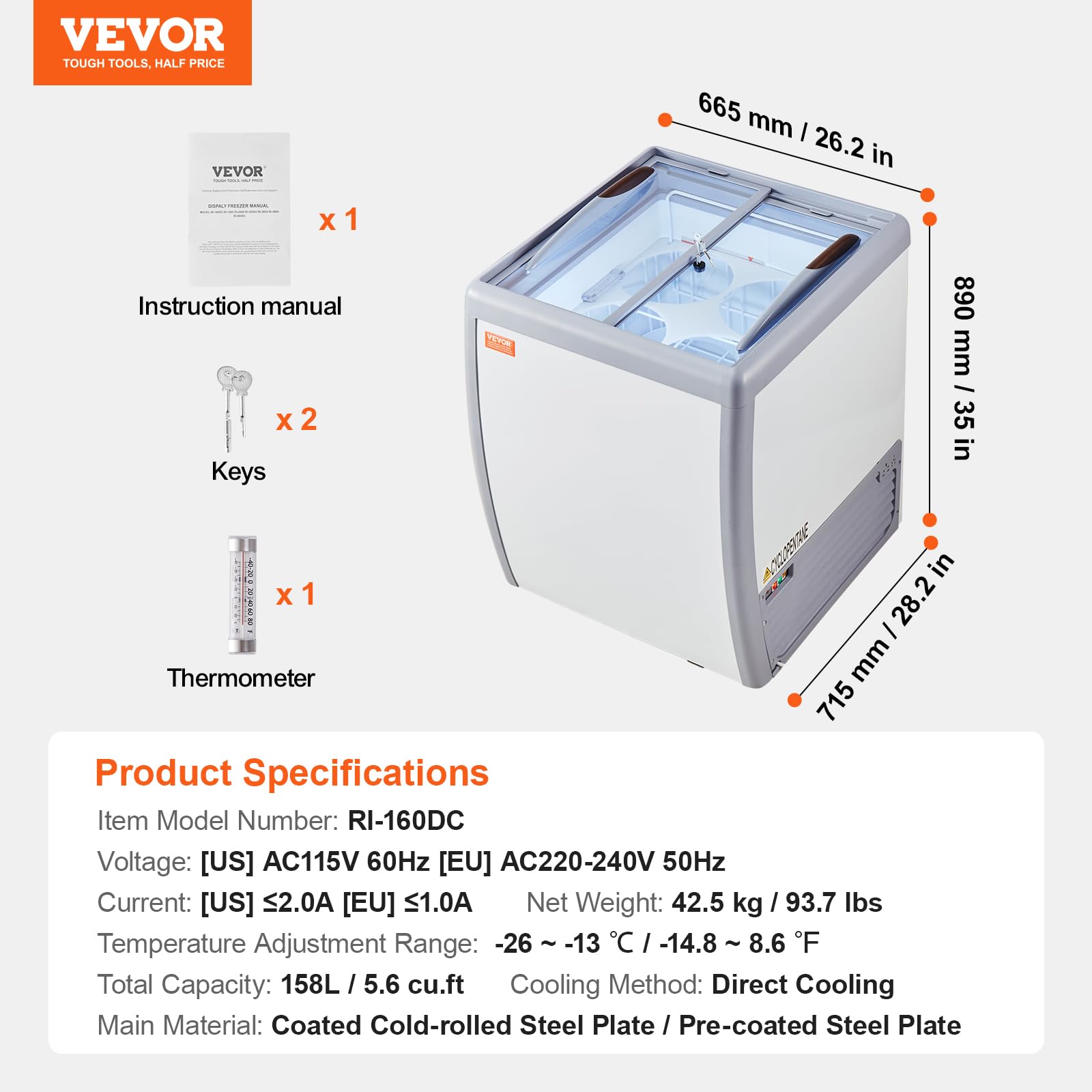 VEVOR Vetrina per Gelato Commerciale 665 x 715 x 890 mm Congelatore Mobile 158 L Vetrina per Gelateria con Piano Vetro, 4 Grandi Contenitori, 2 Porte Scorrevoli in Vetro, Ruote di Bloccaggio, Bianco