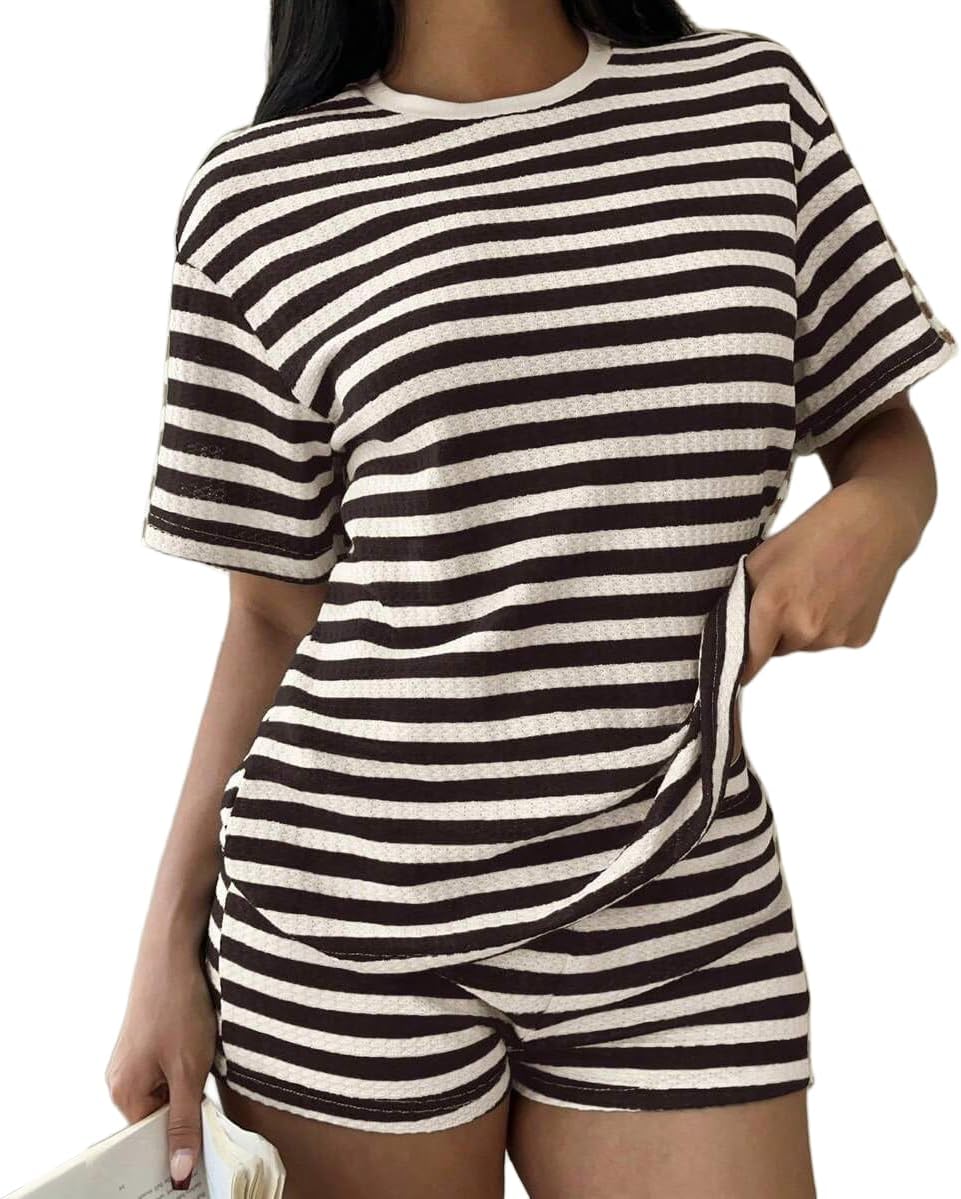 EOSIEDUR Women Striped Two Piece Outfit Short Sleeve Crewneck Top and Shorts Set with Pockets Summer Tracksuit