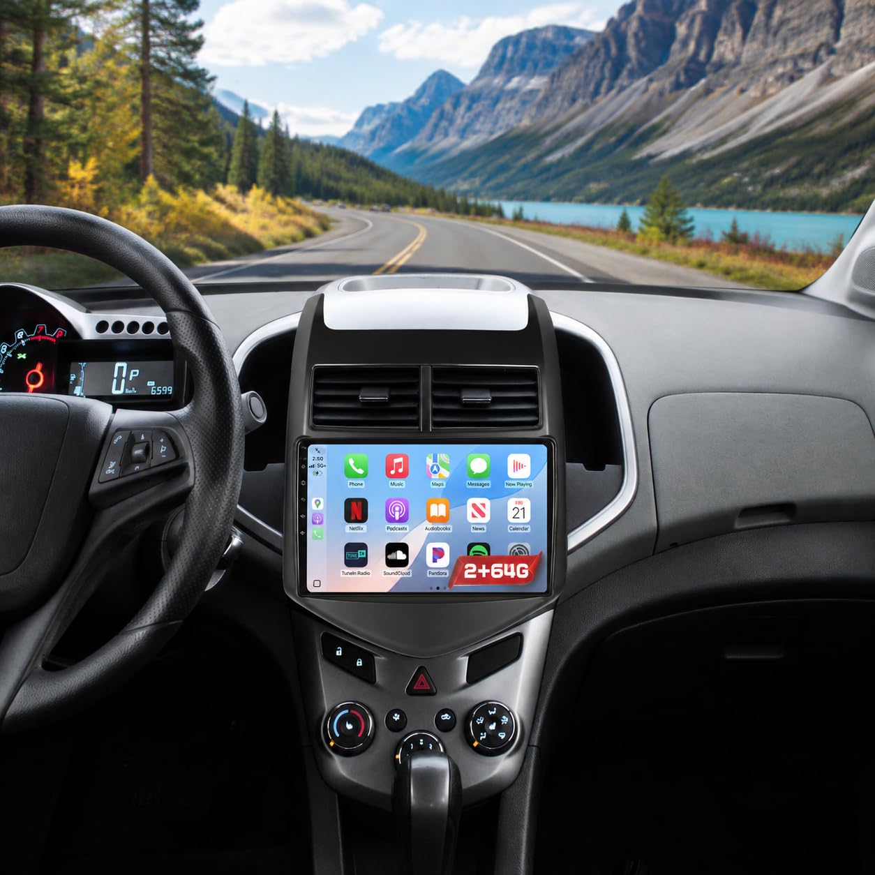 roinvou 2+64g android carplay stereo for chevrolet chevy aveo sonic 2011-2013, built-in wireless carplay with android auto, 9'' touch screen in-dash gps navigation support mirror link bt rds wifi dsp