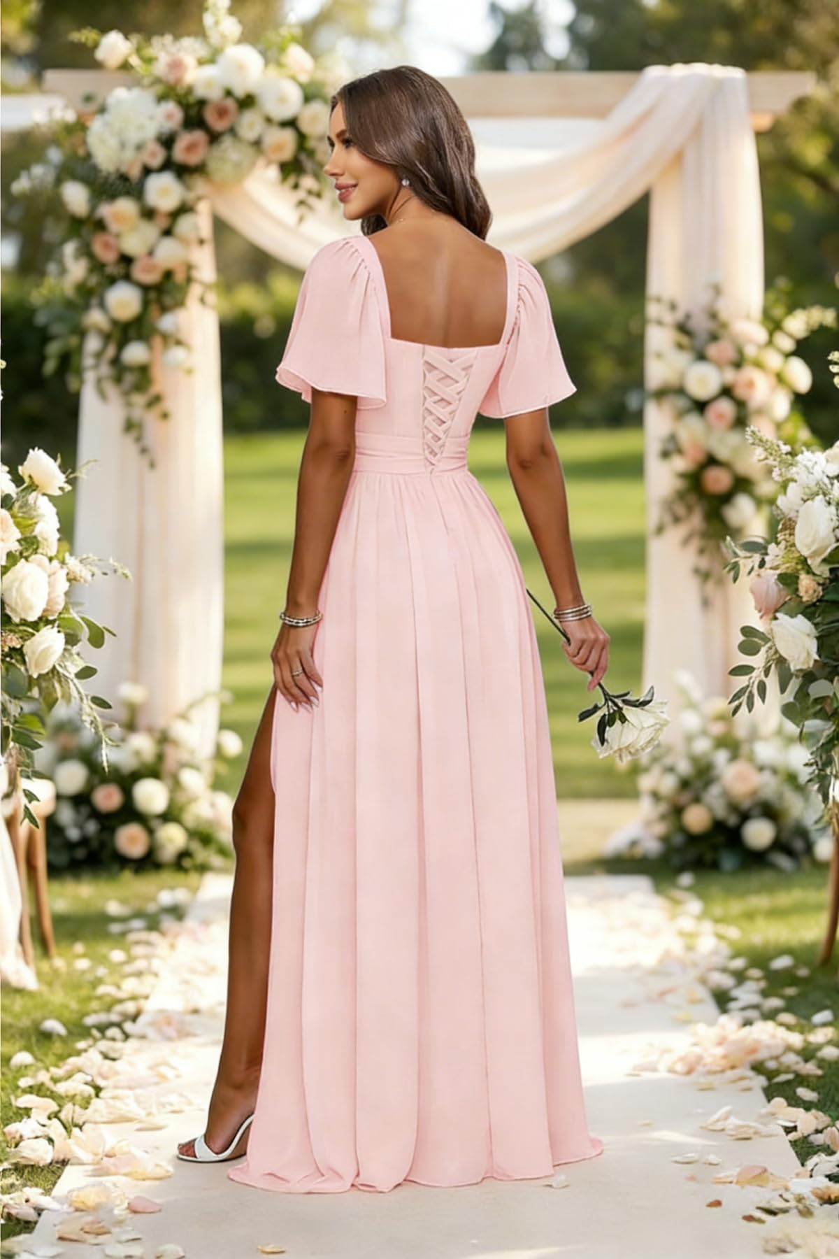 Brautjungfernkleider Lang Damen Chiffon Kurzarm Plissierte Ruffle Formelles Abendkleider Mit Schlitz Für Hochzeit Party