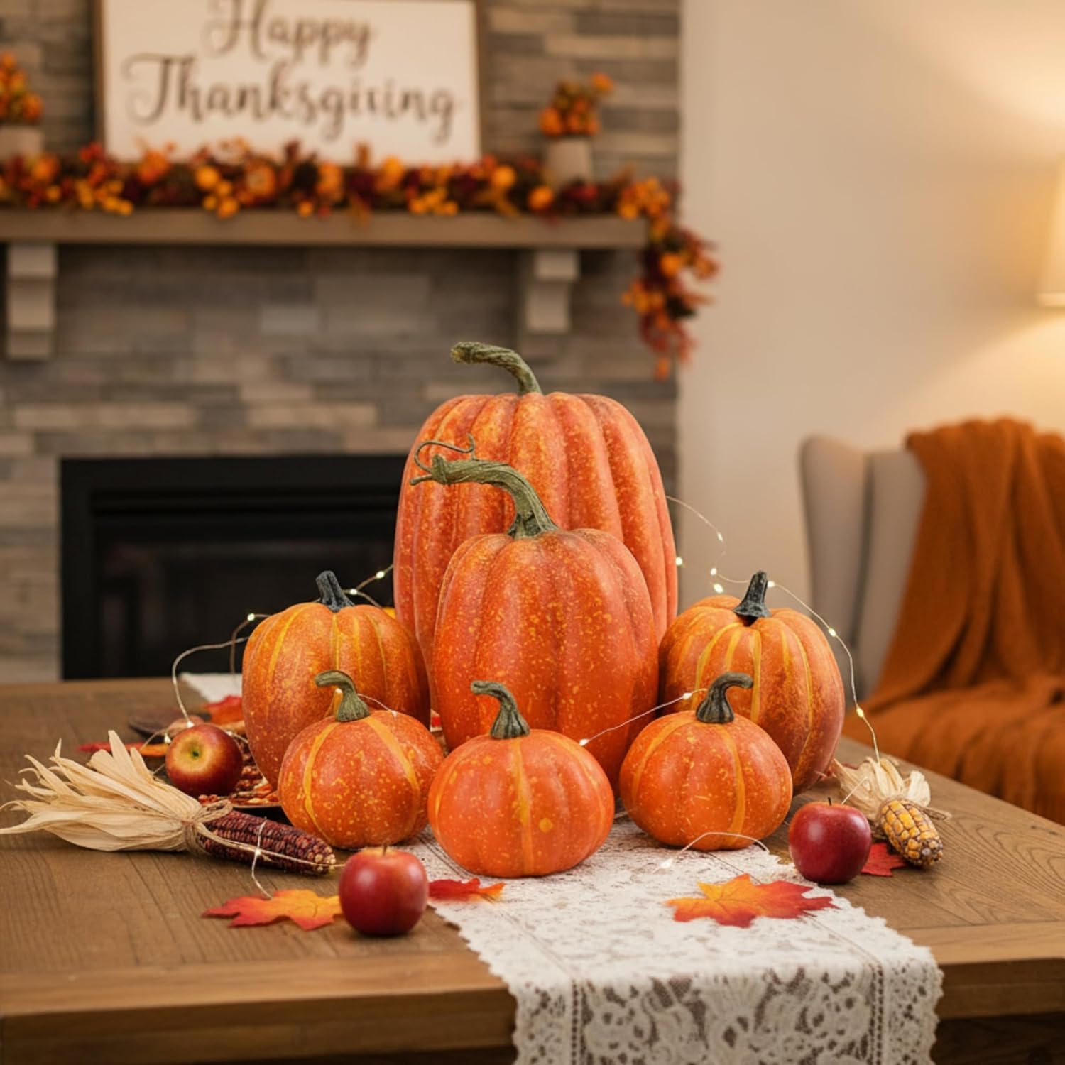 Geelin 7 Pcs Assorted Artificial Orange Pumpkins Harvest Decorative Faux Foam Pumpkins for Farmhouse Rustic Fall Thanksgiving Tabletop Centerpiece Mantel Shelf Kitchen Decoration