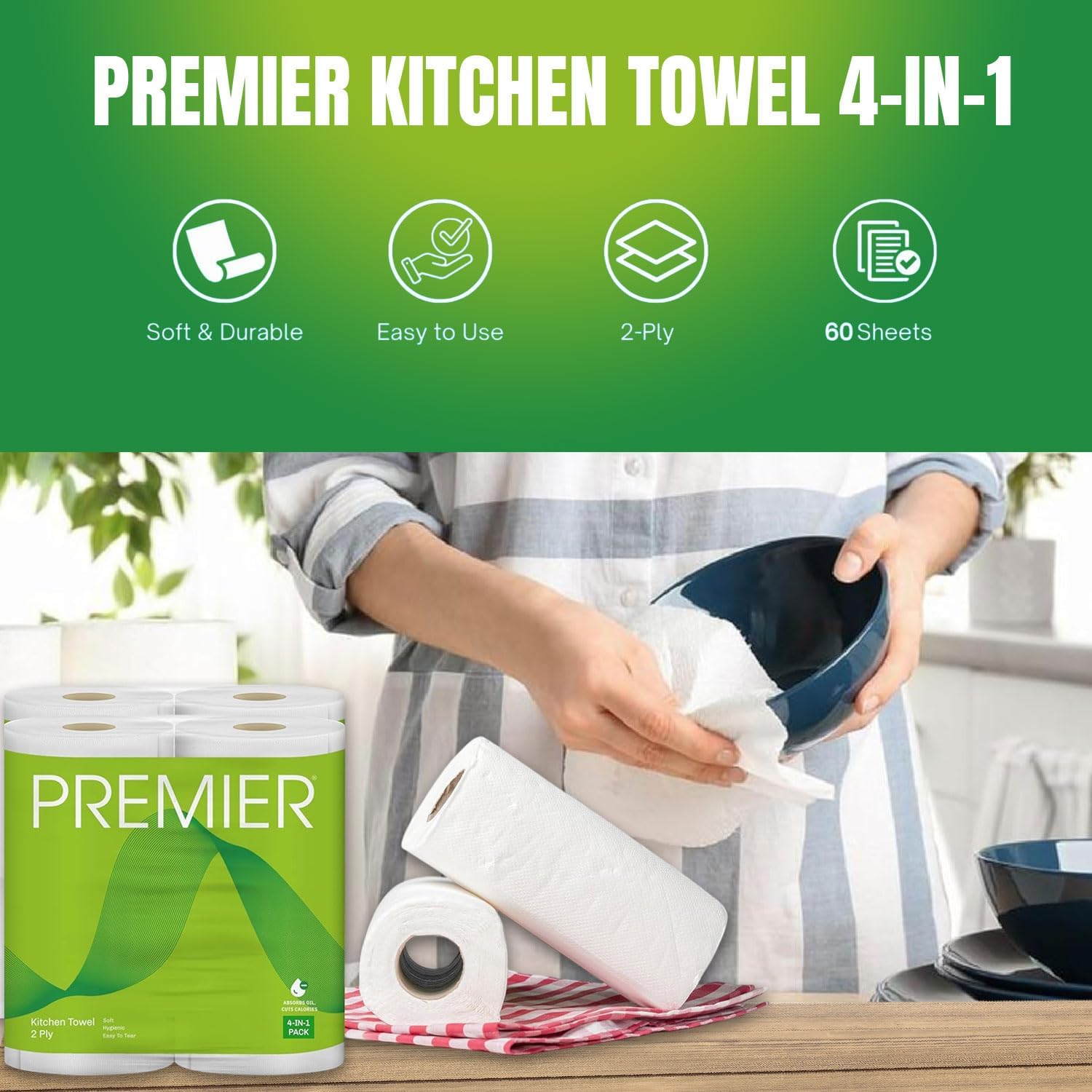 Premier Kitchen Towel 4-in-1 Pack, 2-Ply – Super Absorbent Kitchen Tissue Paper Towels for Everyday Cleaning, Kitchen Paper Wipes, Pack of 4 Rolls, Multipurpose tissue rolls for Home Office