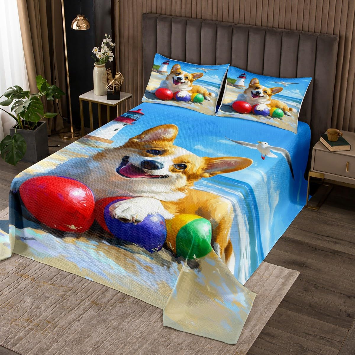 Manfei Cute Corgi Kids Bedspread King Size,Cartoon Puppy Dog Animal Pet Coverlet Set,Boys Girls Room Decor,Nautical Lighthouse Summer Ocean Beach Quilted Coverlet,Brown Bedding Quilt,2 Pillowcases