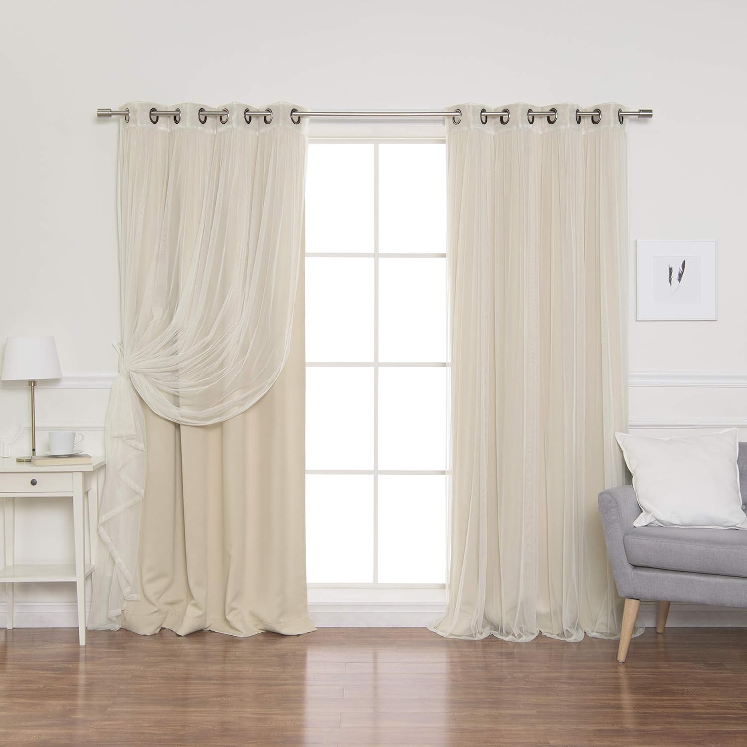 Best Home Fashion uMIXm Tulle Sheer Lace and Blackout 4 Piece Curtain Set – Antique Bronze Grommet Top – Beige – 52" W x 84" L – (2 Curtains and 2 Sheer Curtains)