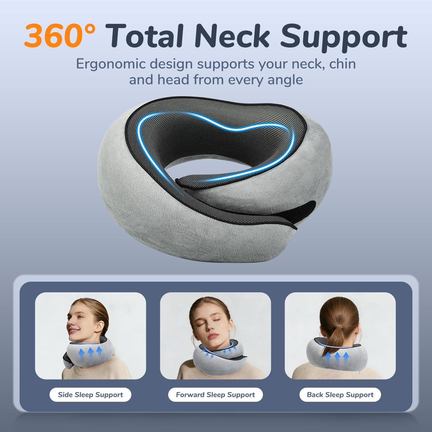 SYNNA Travel Neck Pillow for Airplane & Car, 360° Head and Chin Support, Ergonomic Memory Foam with Silky-Smooth Breathable Washable Cover for Flights, Road Trips & Office Naps
