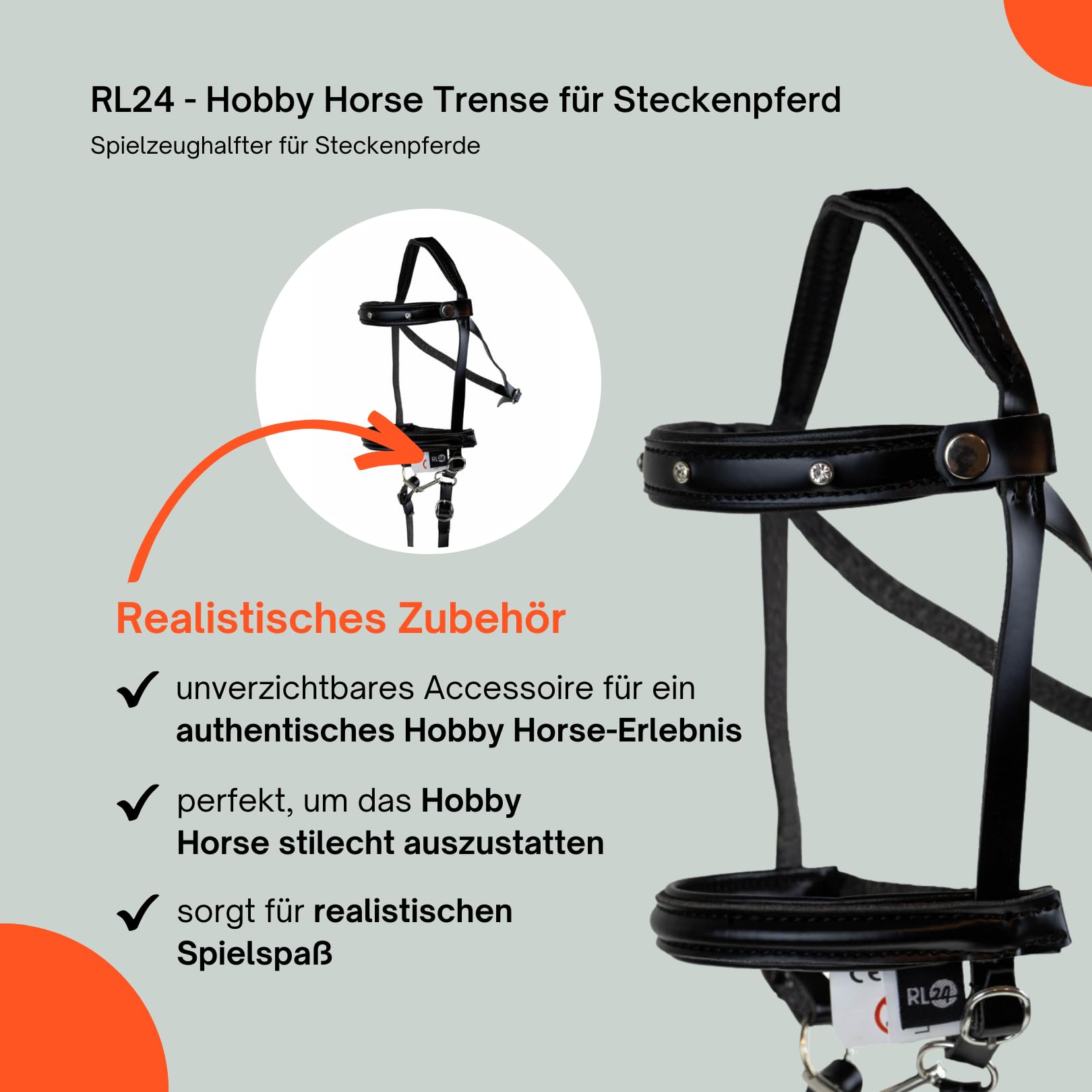 RL24 - Hobby Horse Trense für Steckenpferd – austauschbares Stirnband – aus Kunstleder – Hobby Horse Zubehör – Stockpferd Trense in Schwarz