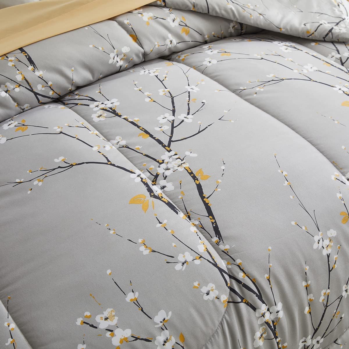 Gray Comforter Set 3 Pieces Queen Size Tree Branch Tan White Bloom Flower Microfiber Reversible Soft All Season Bedding 88x88 Floral Comforter Set : Home & Kitchen