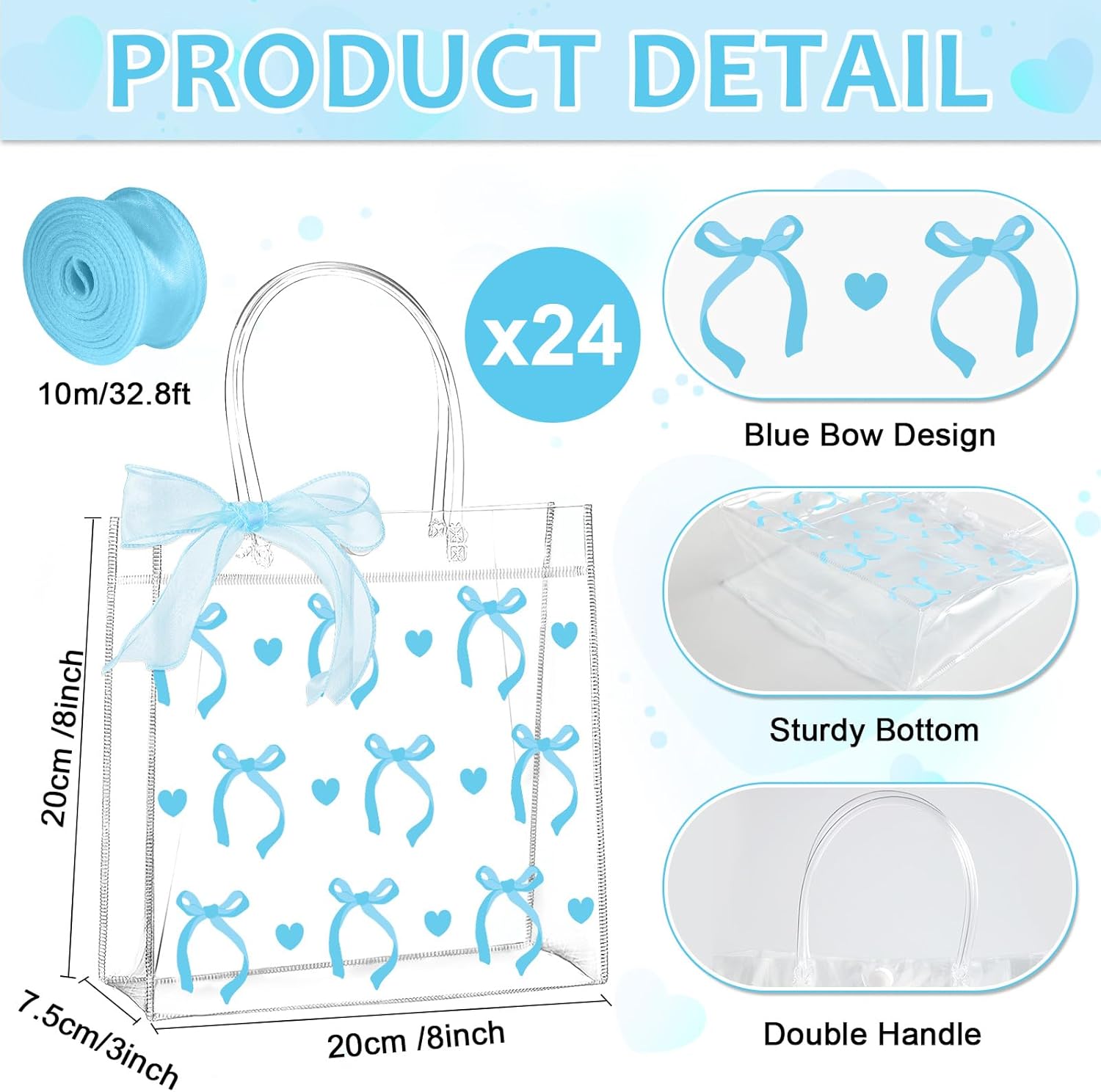 QOUBAI 24Pcs Blue Bow Clear PVC Gift Bags with Handles Bulk Bowknot Goodie Treat Candy Bags Coquette Bow Wedding Wrap Tote Bag with 1 Roll of Blue Ribbon for Birthday Baby Shower Decorations Supplies