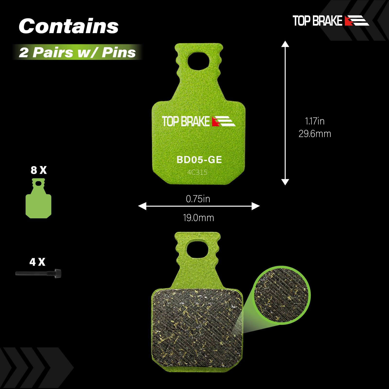 Klocki hamulcowe tarczowe TOP BRAKE kompatybilne z MAGURA MT5 MT5e MT7 MT7 PRO MT Thirty, wykonane z grafenu, trwałe, ciche i płynne | VAE, MT5e, MT5e, Downhill, Enduro | zielone (2 pary)