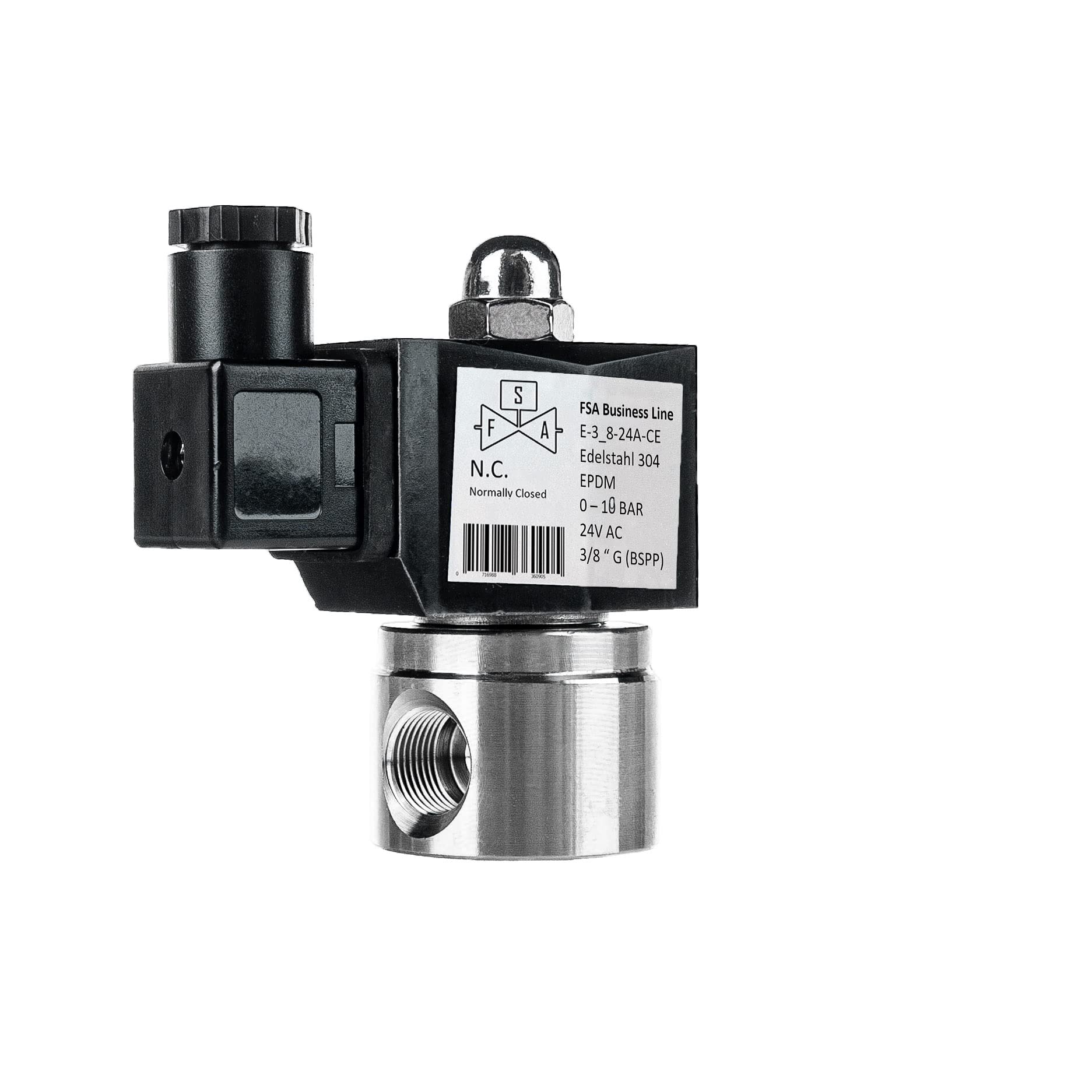 FSA Elettrovalvola in Acciaio Inox 304 3/8" 24V AC 0-10 bar EPDM normalmente chiusa