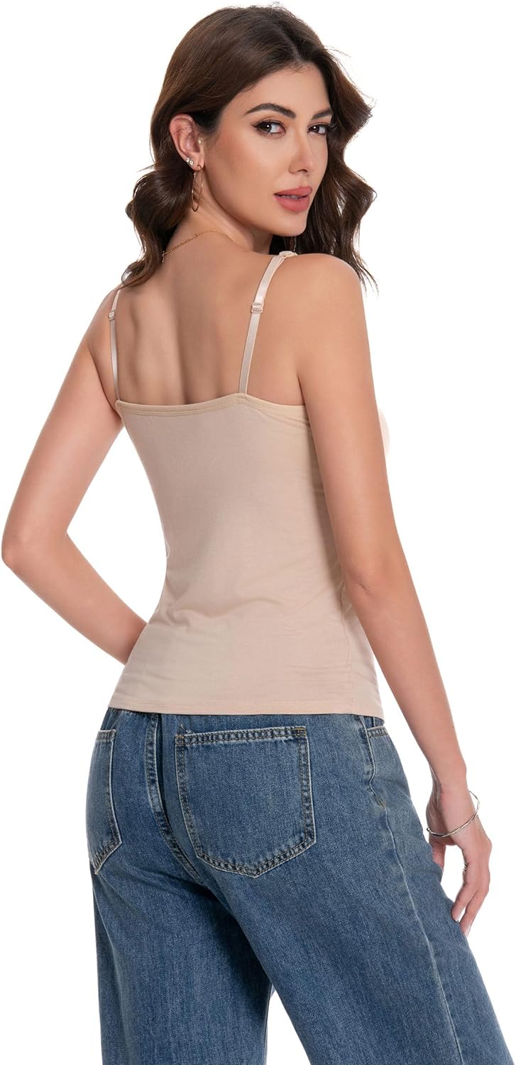 LuneNuelle Women Camisole Tank Top - Built-in Bra Adjustable Spaghetti Strap Scoop Neck Padded Casual Basic Cami Shirt