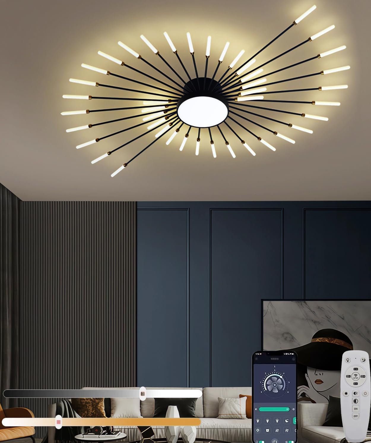 JINGKER LED Ceiling Lights Living Room Ceiling Lamps Modern Minimalist Style Firework Ceiling Light Dimmableceiling lamp with Remote Control 42 Head Ceiling Light Gold Black (Black, 42+1Heads)