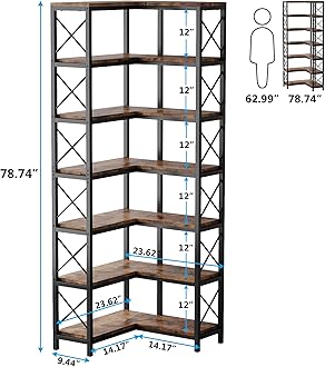 Tribesigns 7-Shelf Corner Bookshelf,Large Modern Corner Bookcase, 7-Tier Tall Corner Shelf Storage Display Rack with Metal Frame for Living Room Home Office (Rustic Brown)
