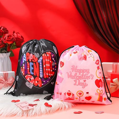 Miniatura 6 de Boao 16 bolsas de recuerdo de fiesta para el día de San Valentín, de 11.8 pulgadas, diseño de oso de corazón rosa, gnomo, con cordón, mochila para