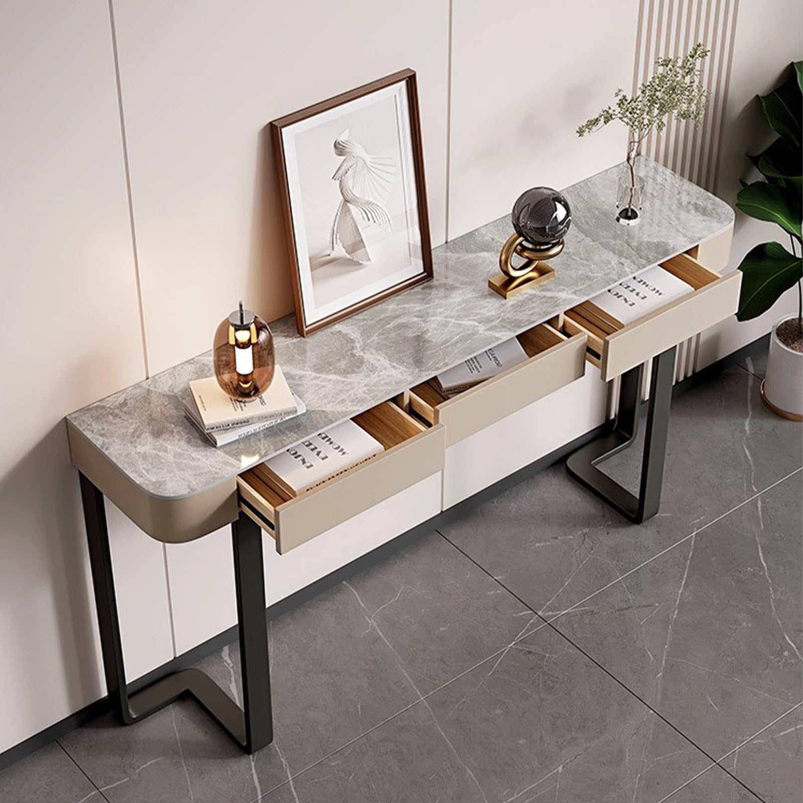 MISXEOE Modern Console Table with Storage Drawers Stone Slab Top, Rectangle Narrow Sofa Table Behind Couch Entryway Cabinet for Living Room, Hallway,