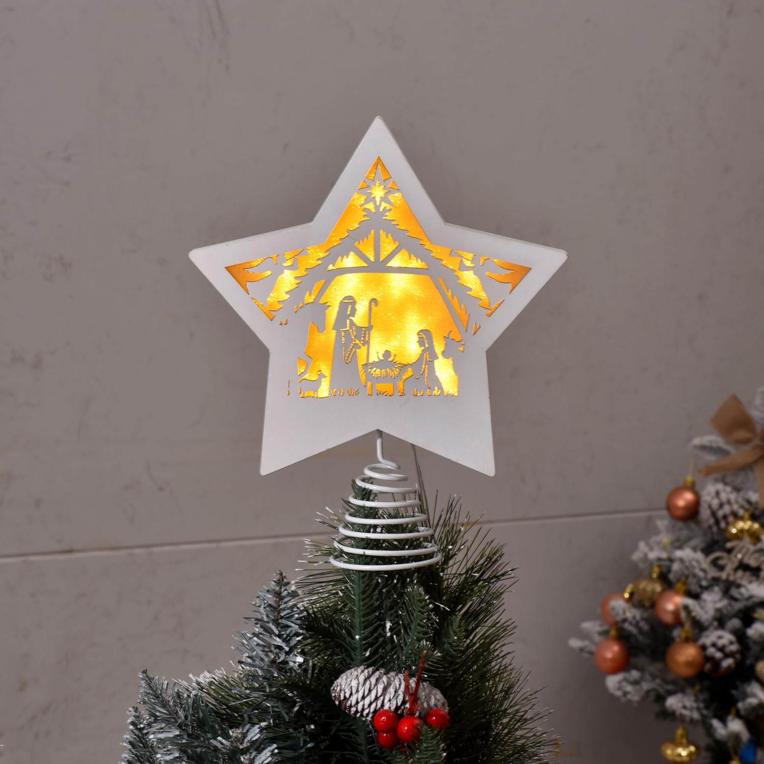 GHOSTMAGIC Étoile pour cime de sapin de Noël - 20 x 23,5 cm - Étoile en bois avec 3 modes d'éclairage LED - Décoration pour Noël, bar, boutique, bureau, décoration d'intérieur (blanc)