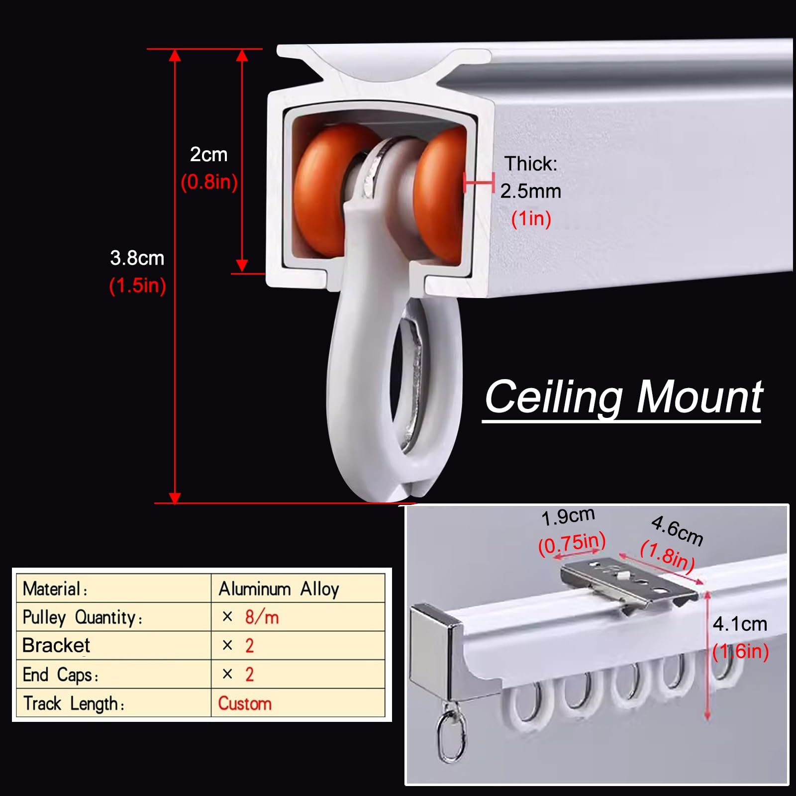 Riel recto personalizable para techo/pared de 3 a 15 pies con tiras silenciadoras integradas para separadores de habitaciones, ideal para cenador, oficina, balcón, montaje en techo, 900 cm de longitud