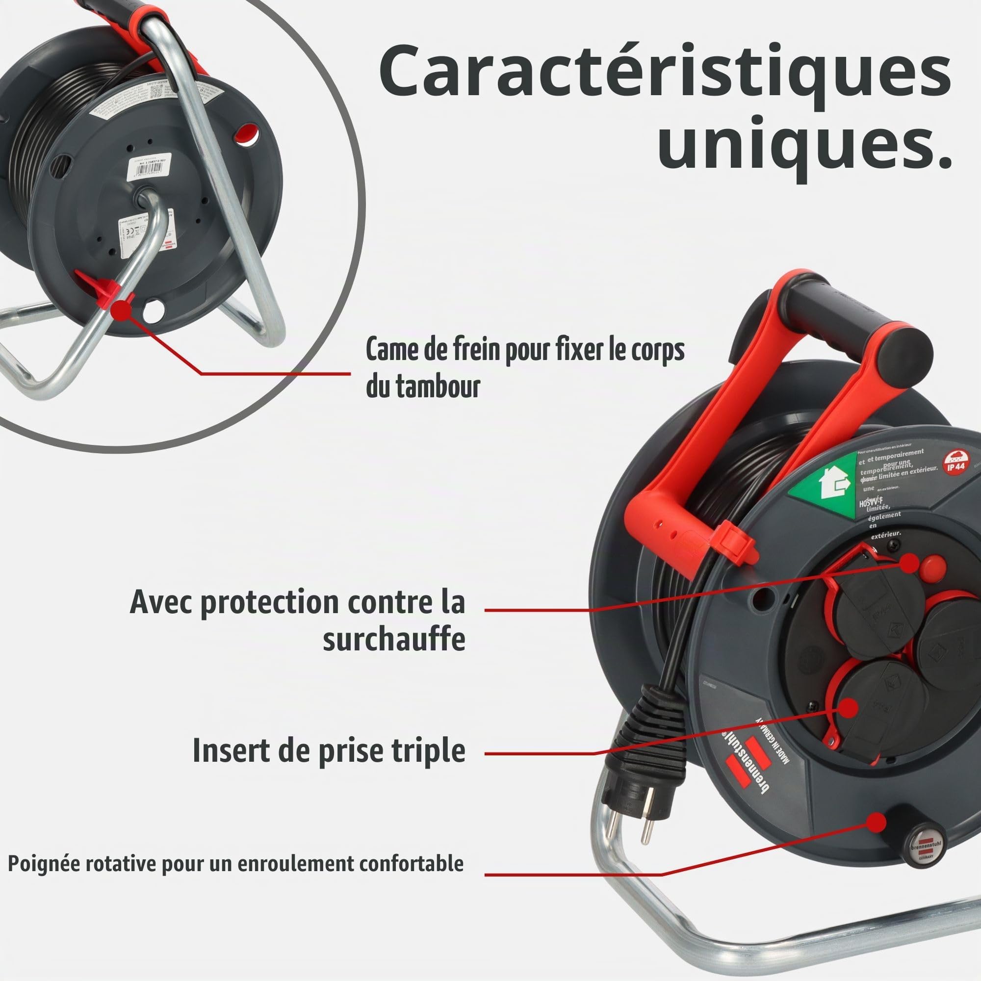 Brennenstuhl Garant V2 IP44 Enrouleur de câble extérieur 25 m (fabriqué en Allemagne, 3 prises de courant de sécurité avec protection de contact améliorée, plastique spécial)
