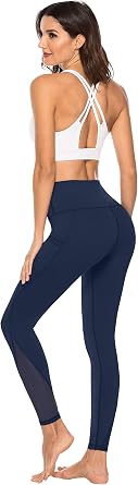 Persit Damen Sport Leggings mit Taschen - Blickdicht Lange Sporthose mit Mesh-Einsätzen