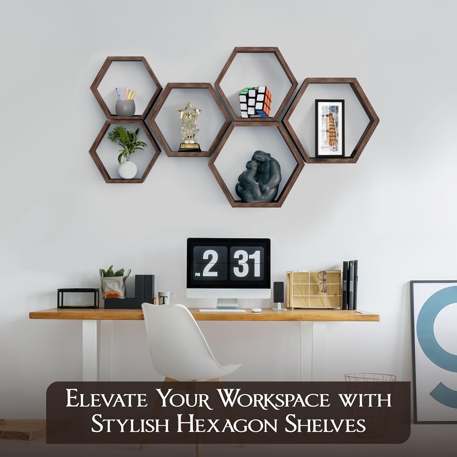 Hexagon Floating Shelves Set of 6 Honeycomb Shelves for Wall, Wooden Hexagon Shelves for Farmhouse Storage.