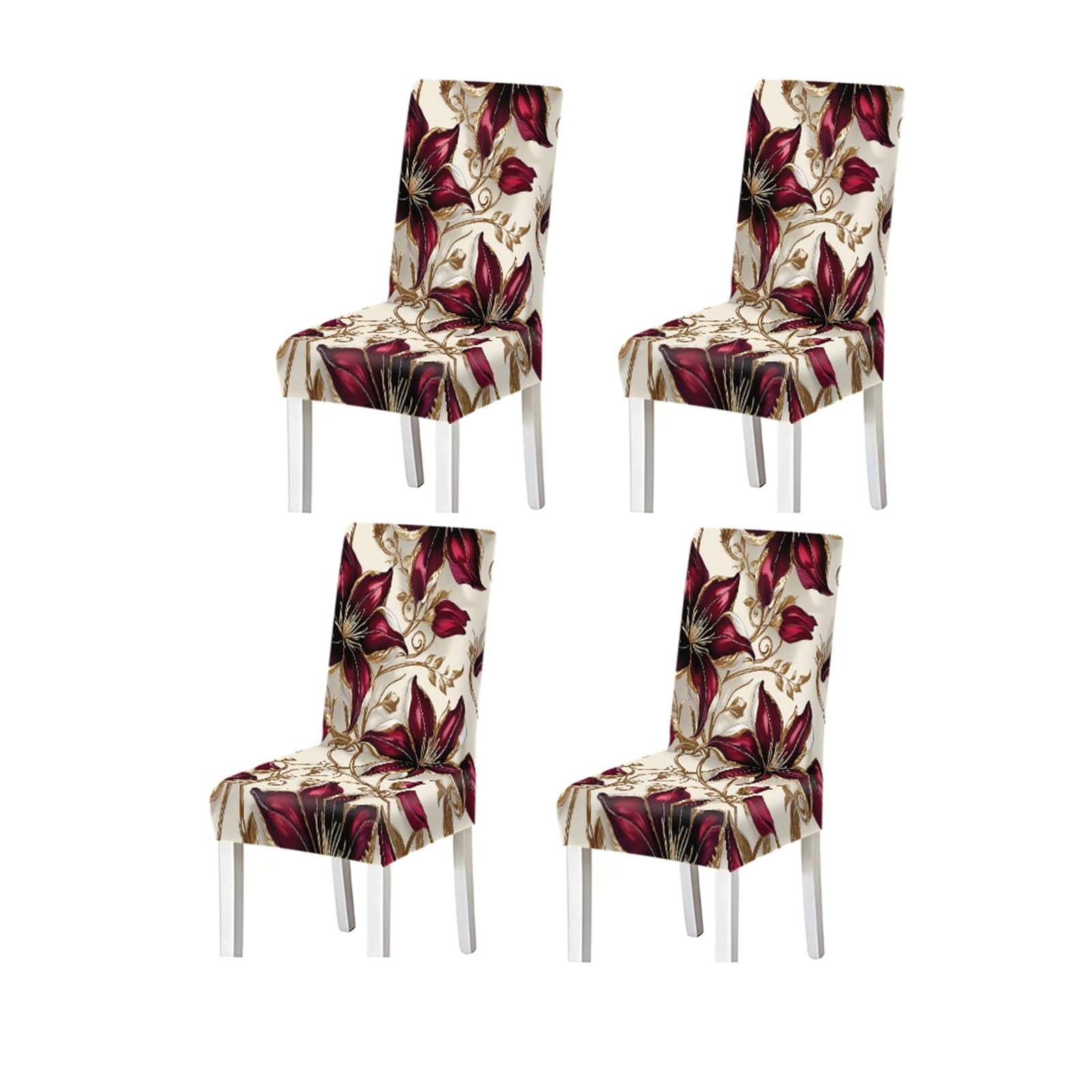 BOSUYBN Burgundy Lily Gold Floral Pattern Print Dining Chair Covers Set Of 2/4/6, Stretch Slipcovers For Kitchen Dining Room Furniture Protectors for Home Dining Room(4PCSChair cover)