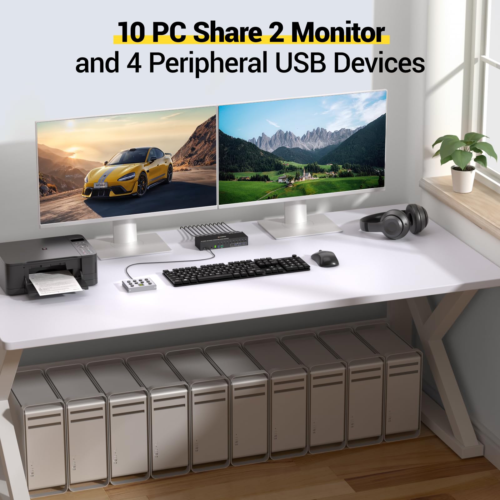 Commutateur KVM HDMI à 10 ports, 2 moniteurs, 10 ordinateurs, simulation EDID 4K @ 60 Hz, commutateur KVM double moniteur avec 4 ports USB 3.0 pour clavier, souris, imprimante audio, RS232, avec