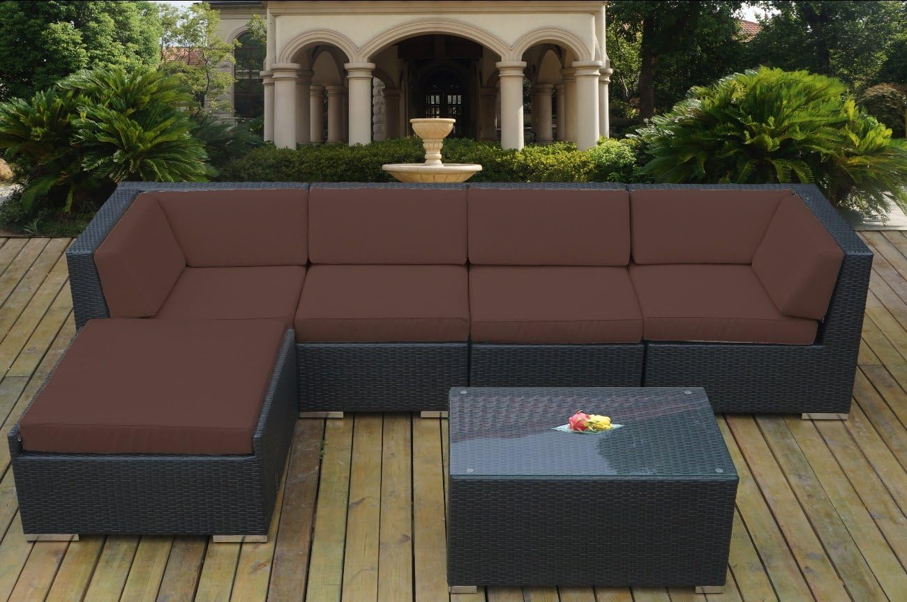 Ohana 6-Piece Outdoor Patio Furniture Sectional Conversation Set, Black Wicker with Brown Cushions - No Assembly with Free Patio Cover