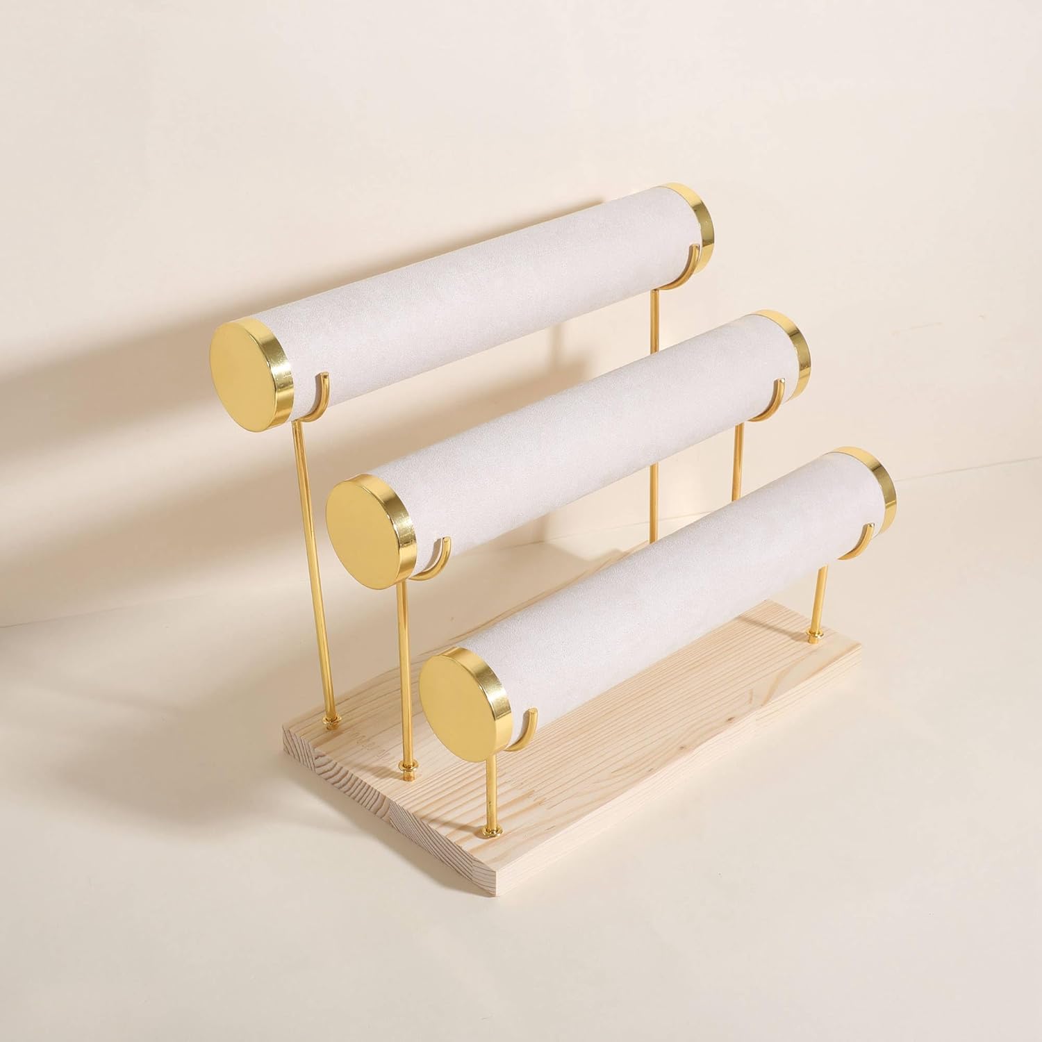 GemeShou Velvet Bangle storage oragenizer for selling, Beige bracelet storage rack for boutique store, Velvet wrap watch holder with wooden base for women girls【Bracelet holder-three tiers】
