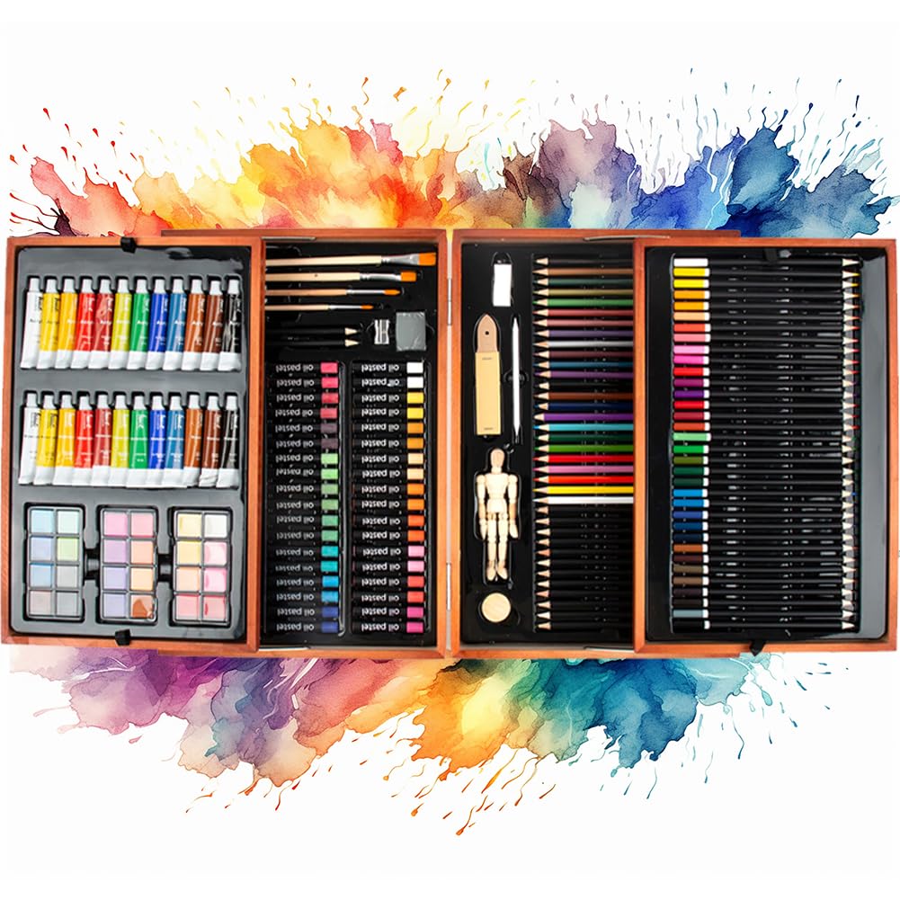 BAKAJI Valigetta Pittore in Legno Professionale 185 Pz, Set Artistico con Pastelli ad Olio, Acquerelli, Matite Colorate, Pittura acrilica,Custodia Portatile con Manico, Bambini e Adulti