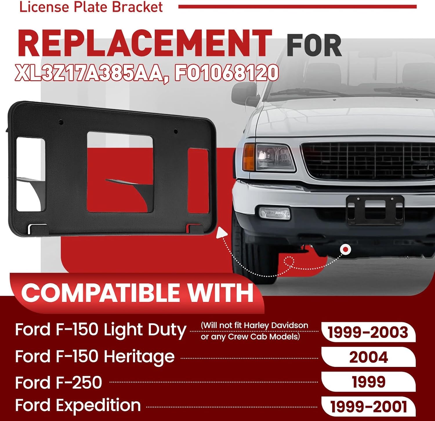 Front License Plate Frame for 1999 2000 2001 2002 2003 Ford F150 Front Bumper License Plate Holder Mounting Bracket Cover Replace # XL3Z17A385AA FO1068120