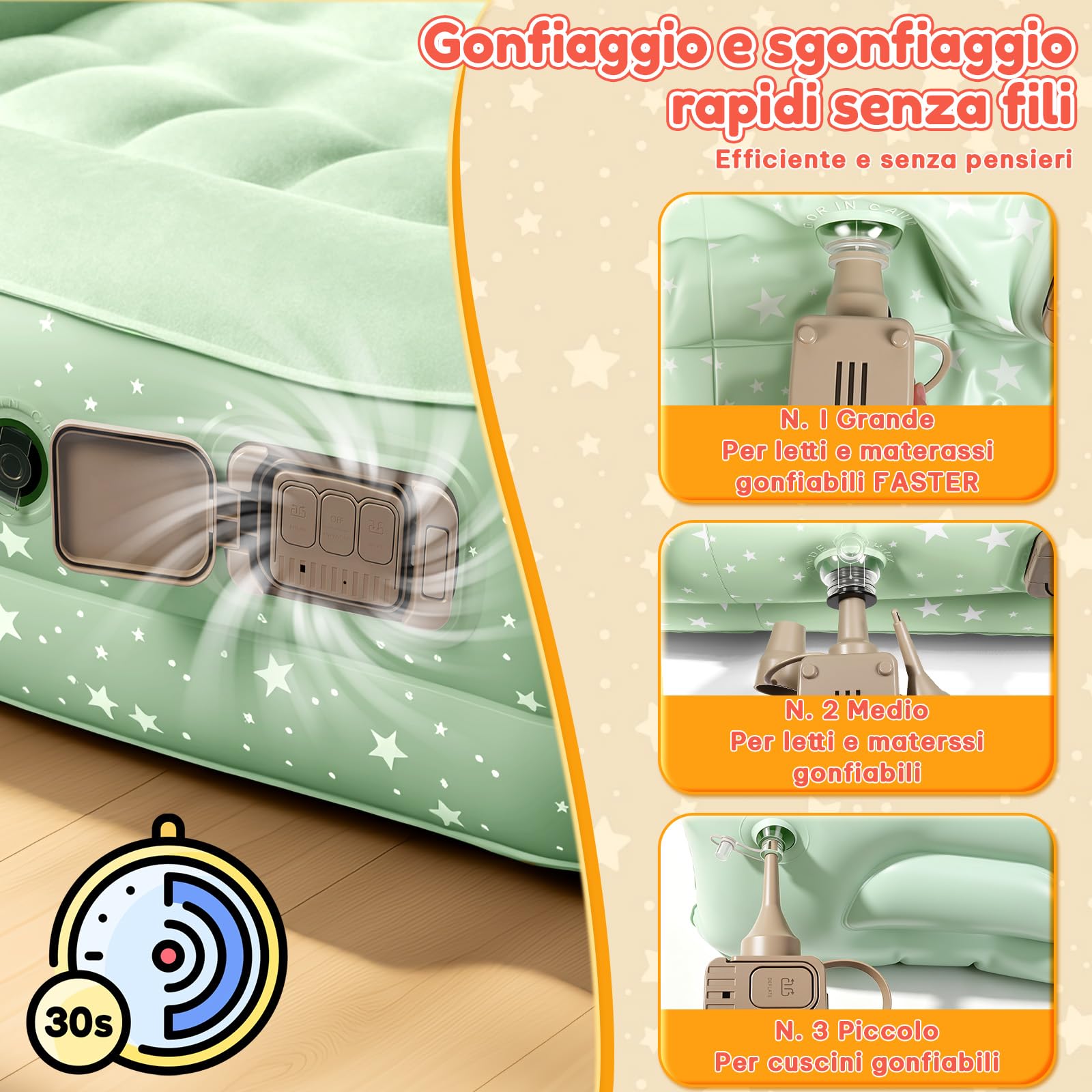 IEEILULU Materasso Gonfiabile per Bambini, Letto Gonfiabile Singolo con Pompa Elettrica, Cuscino Materasso Floccato Autogonfiabile per Campeggio o uso Domestico155x105x32 cm (Verde)
