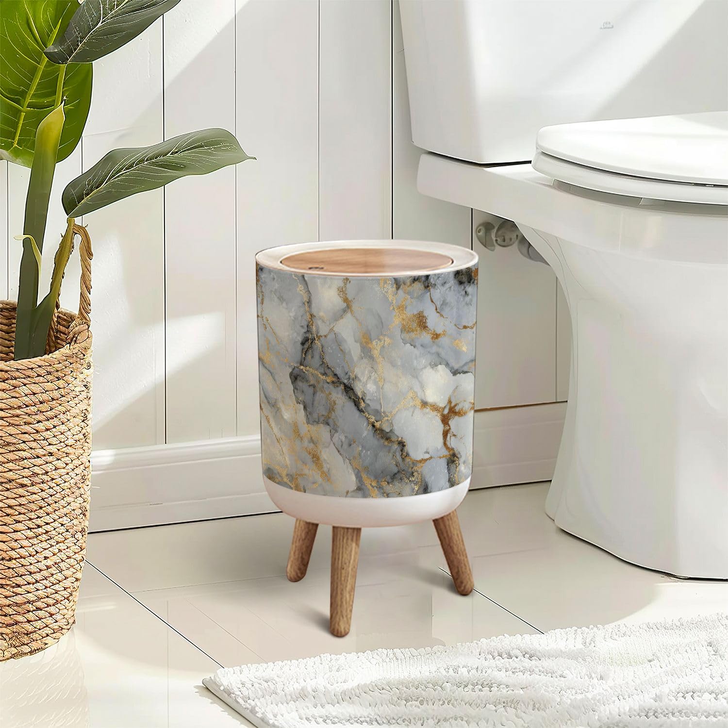 Trash Can with Lid Gray Alcohol Ink Marble Floor Elegant Gold Gradient Grey Modern Press Top Round Small Garbage Bin with Wooden Legs Waste Basket for Kitchen Bedroom Nursery 7L/1.8 Gallon