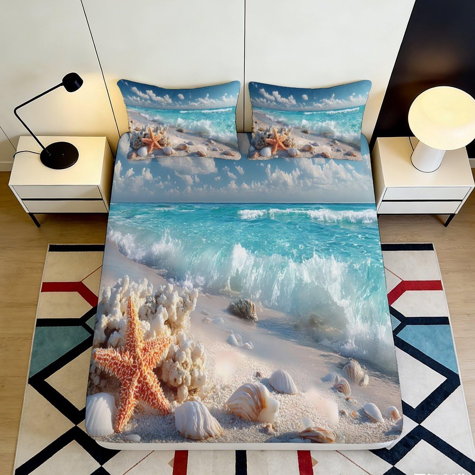 3D Printed Ocean Beach Fitted Sheet Microfiber Soft Breathable Starfish Seashell Mattress Cover Bedroom Decor 90x200x25cm