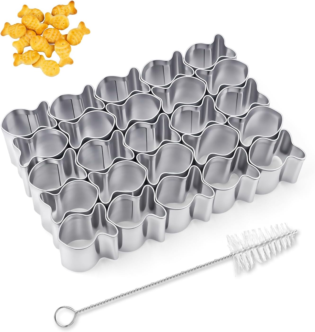 Gold Fish Cracker Cutter, 25 Cavity Stainless Steel Goldfish Cookie Cutter Mini Fish Shaped Molds with Cleaning Brush for Non-Stick Dough Biscuit DIY Baking
