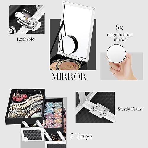 Vista 57 de Joligrace Estuche organizador de maquillaje, caja de maquillaje portátil para cosméticos, estuche de almacenamiento duro con 2 bandejas de bloqueo
