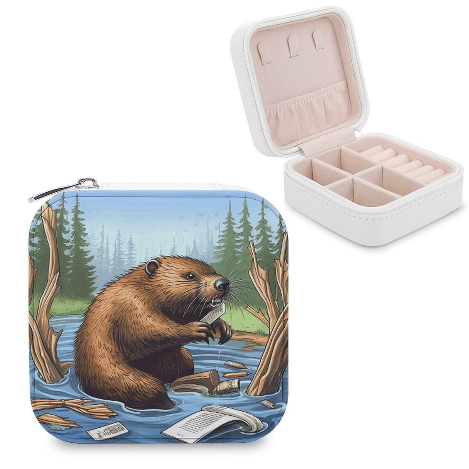 FekiLoot Busy Beaver Cartoon Jewelry Case Personalized Leather Jewelry Box Mini Travel Jewelry Case Small Portable Jewelry Organizer for Ring Earrings Necklace Bracelet
