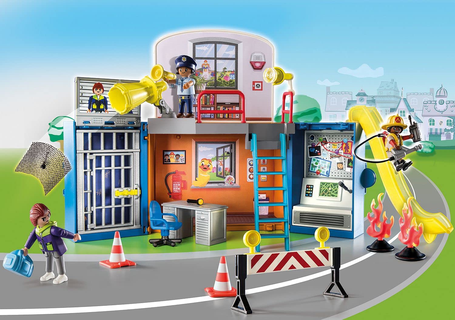 PLAYMOBIL Duck ON Call 70830 Centro de Operaciones móvil, con Estación de Bomberos y Estación de Policía, Maletín Plegable, Juguetes para niños a Partir de 3 años