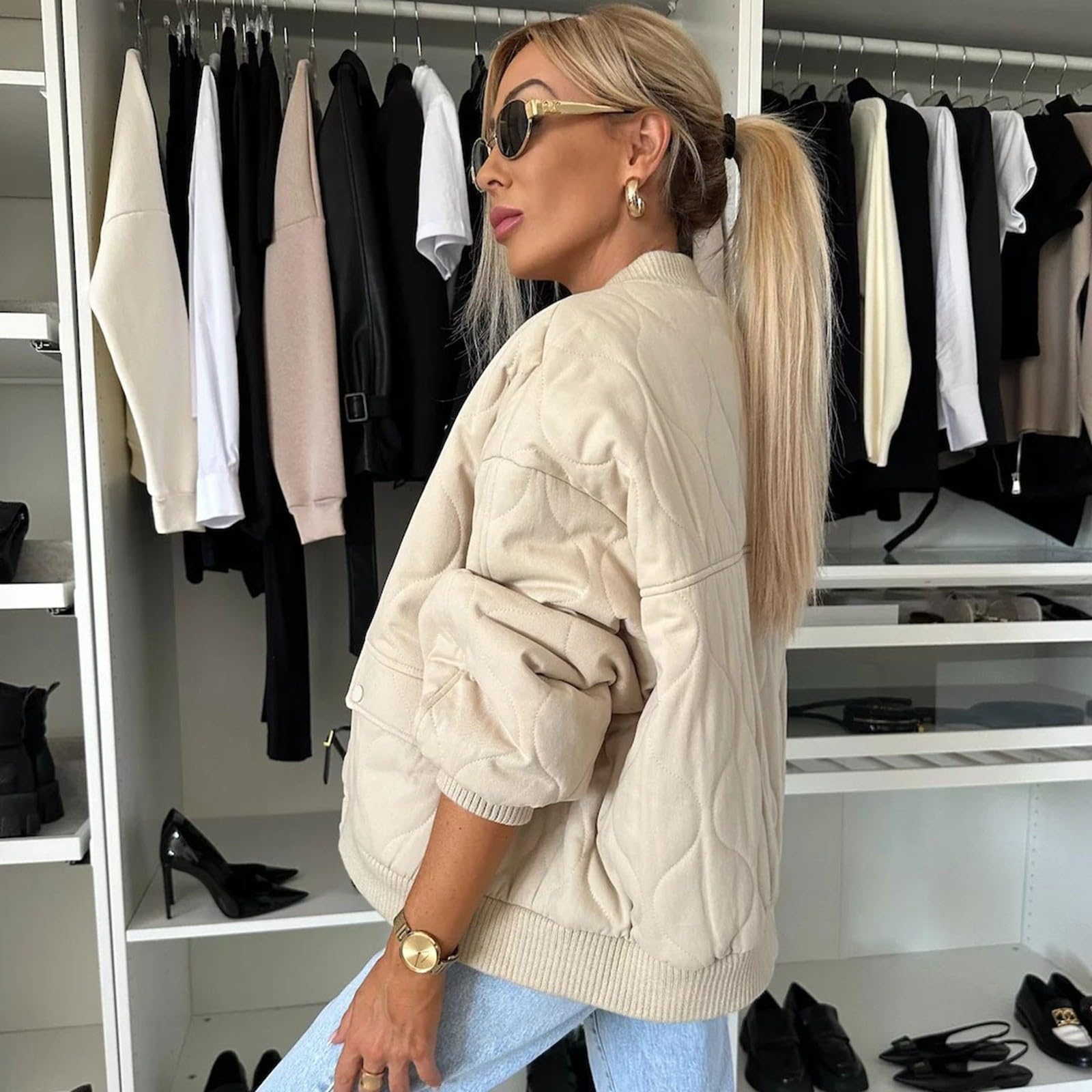 Sweatshirt Damen Ohne Kapuze Oversized Sweatjacke übergangsjacke Jacken Lässig Langarm Mantel Elegant Stehkragen Pufferjacken Winterjacke Warm Bomberjacke Knöpfen Winterparka Einfarbige